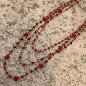 Graduated Three Strand Red Beaded Necklace NWOT 30”
